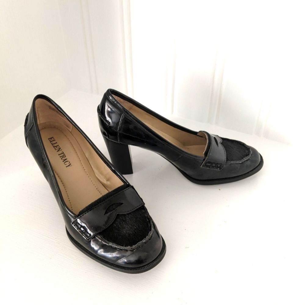Ellen Tracy Black Patent Leather Heels Fur Trim Size 6.5